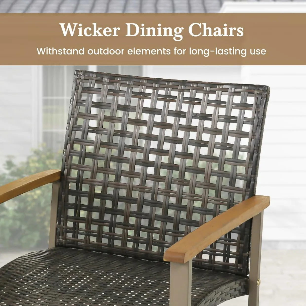 Tangkula Patio Dining Chairs Set of 4, Outdoor PE Wicker & Heavy-Duty Metal Chairs with Acacia Wood Armrests
