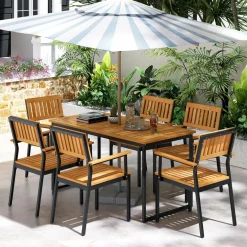 Tangkula Patio Dining Chair Set, Outdoor Chairs w/Metal and Acacia Wood Frame, Armrests