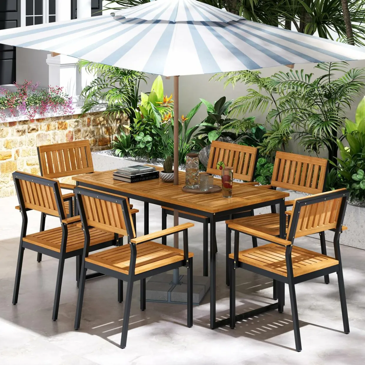 Tangkula Patio Dining Chair Set, Outdoor Chairs w/Metal and Acacia Wood Frame, Armrests