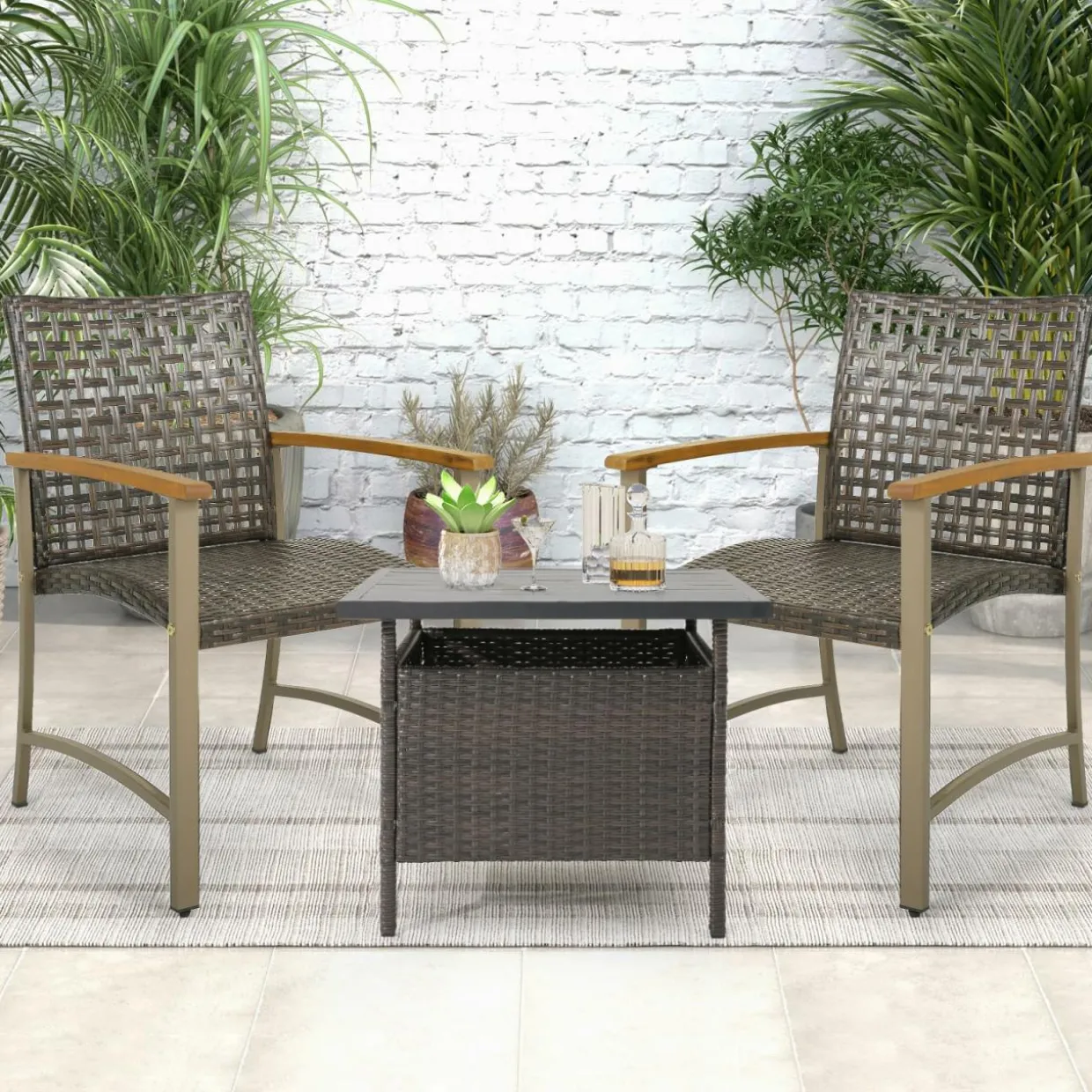 Tangkula Patio Dining Chairs Set of 4, Outdoor PE Wicker & Heavy-Duty Metal Chairs with Acacia Wood Armrests