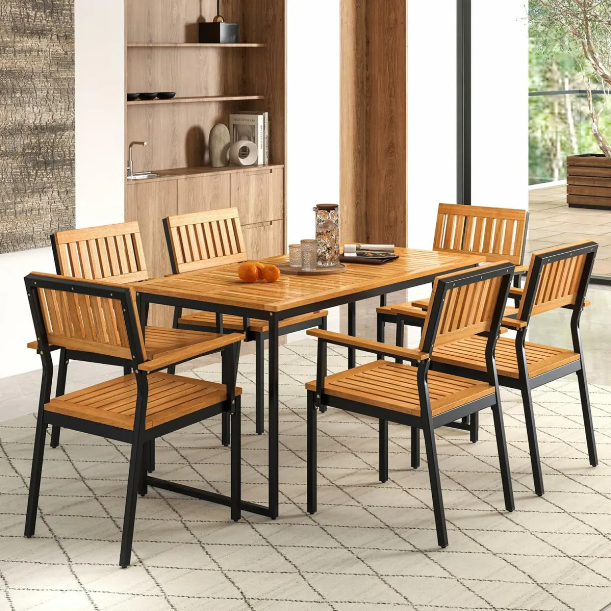 Tangkula Patio Dining Chair Set, Outdoor Chairs w/Metal and Acacia Wood Frame, Armrests