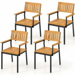 Tangkula Patio Dining Chair Set, Outdoor Chairs w/Metal and Acacia Wood Frame, Armrests