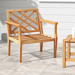 Tangkula Patio Dinning Chair, Teak Wood Armchair with Cozy Backrest and Armrests