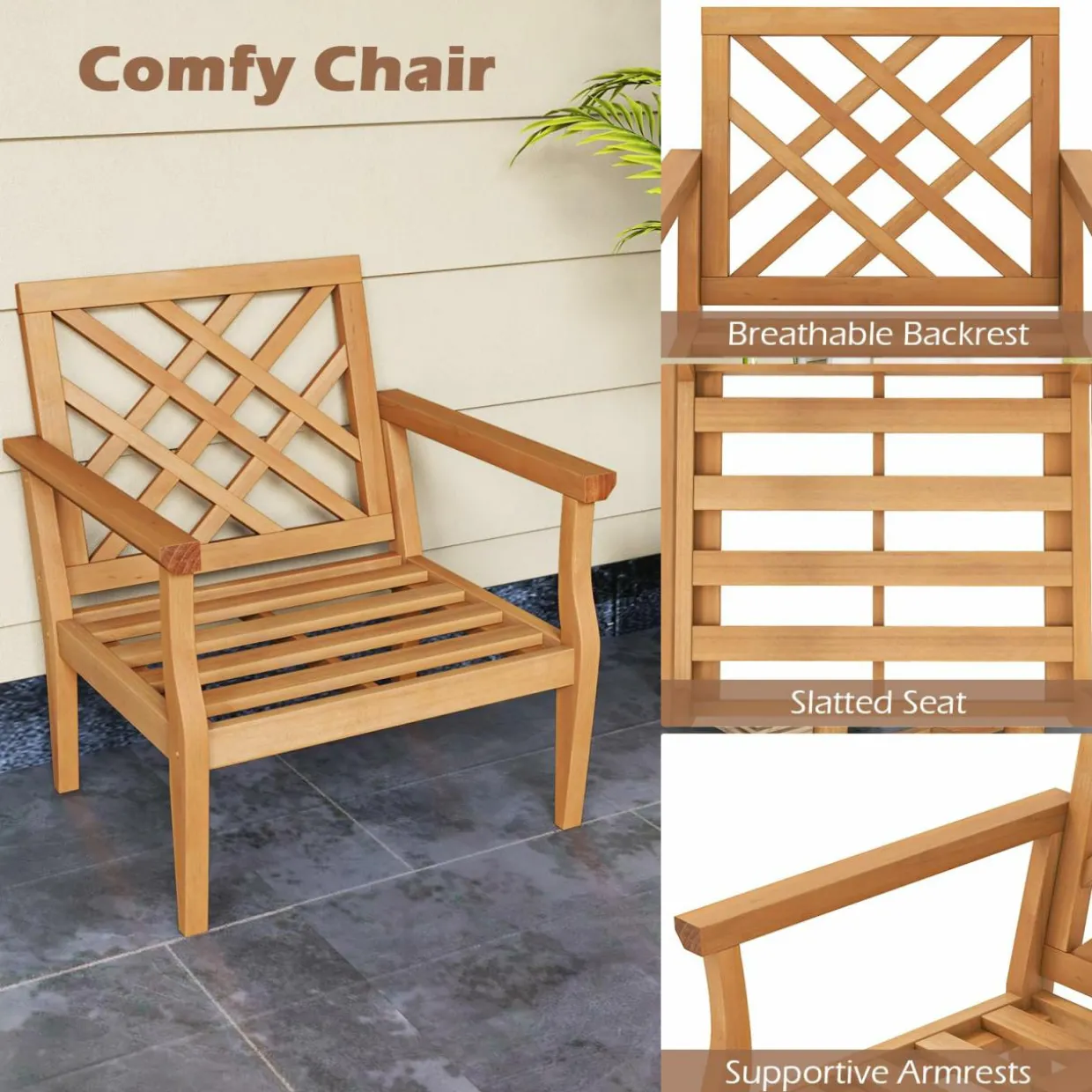 Tangkula Patio Dinning Chair, Teak Wood Armchair with Cozy Backrest and Armrests