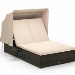 Tangkula Patio Double Chaise Lounge with Shade, Patiojoy 6-Level Adjustable Wicker Recliner Bed