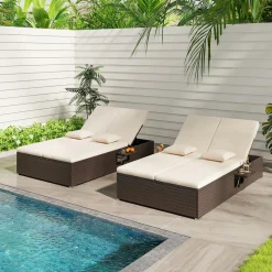 Tangkula Patio Double Chaise Lounge, Patiojoy 6 Position Adjustable Wicker Recliner Bed