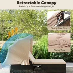 Tangkula Patio Double Chaise Lounge with Shade, Patiojoy 6-Level Adjustable Wicker Recliner Bed