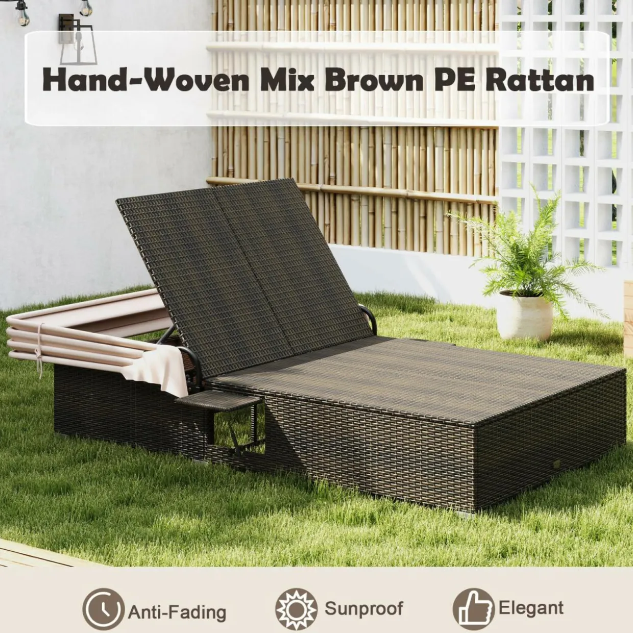 Tangkula Patio Double Chaise Lounge with Shade, Patiojoy 6-Level Adjustable Wicker Recliner Bed