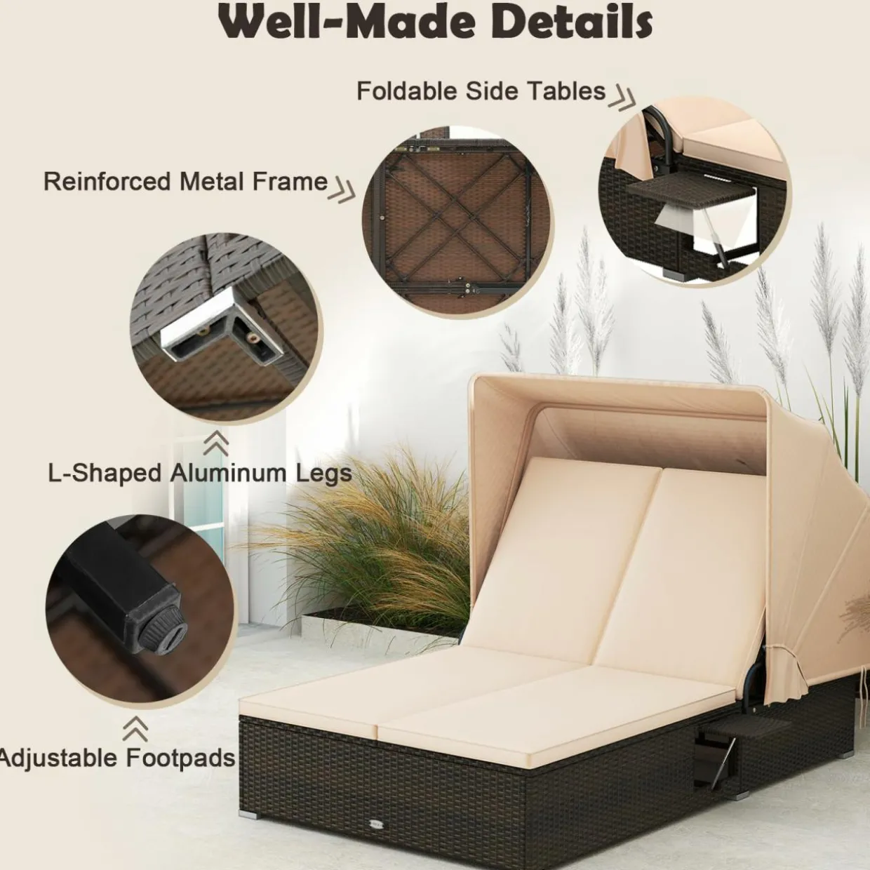 Tangkula Patio Double Chaise Lounge with Shade, Patiojoy 6-Level Adjustable Wicker Recliner Bed