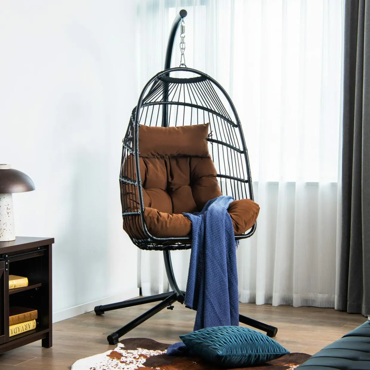 Tangkula Patio Egg Chair with Stand, Hanging Egg Swing Chair with Waterproof Cover, Removable Pillow