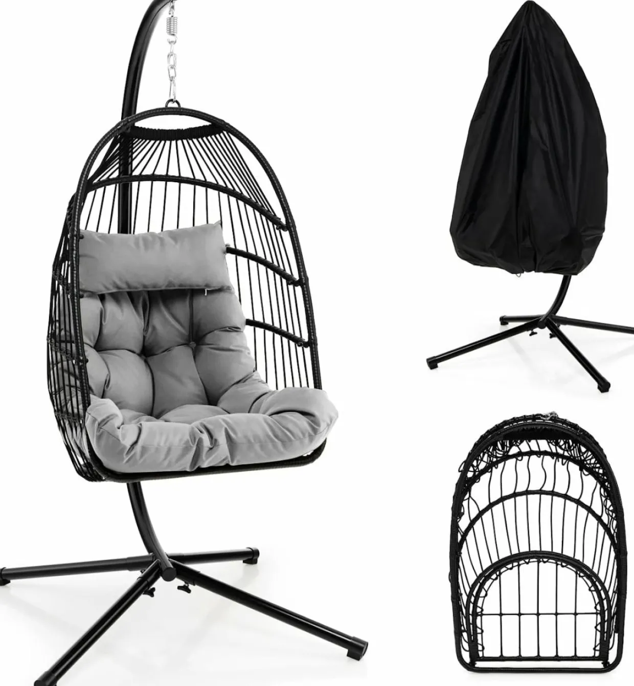 Tangkula Patio Egg Chair with Stand, Hanging Egg Swing Chair with Waterproof Cover, Removable Pillow
