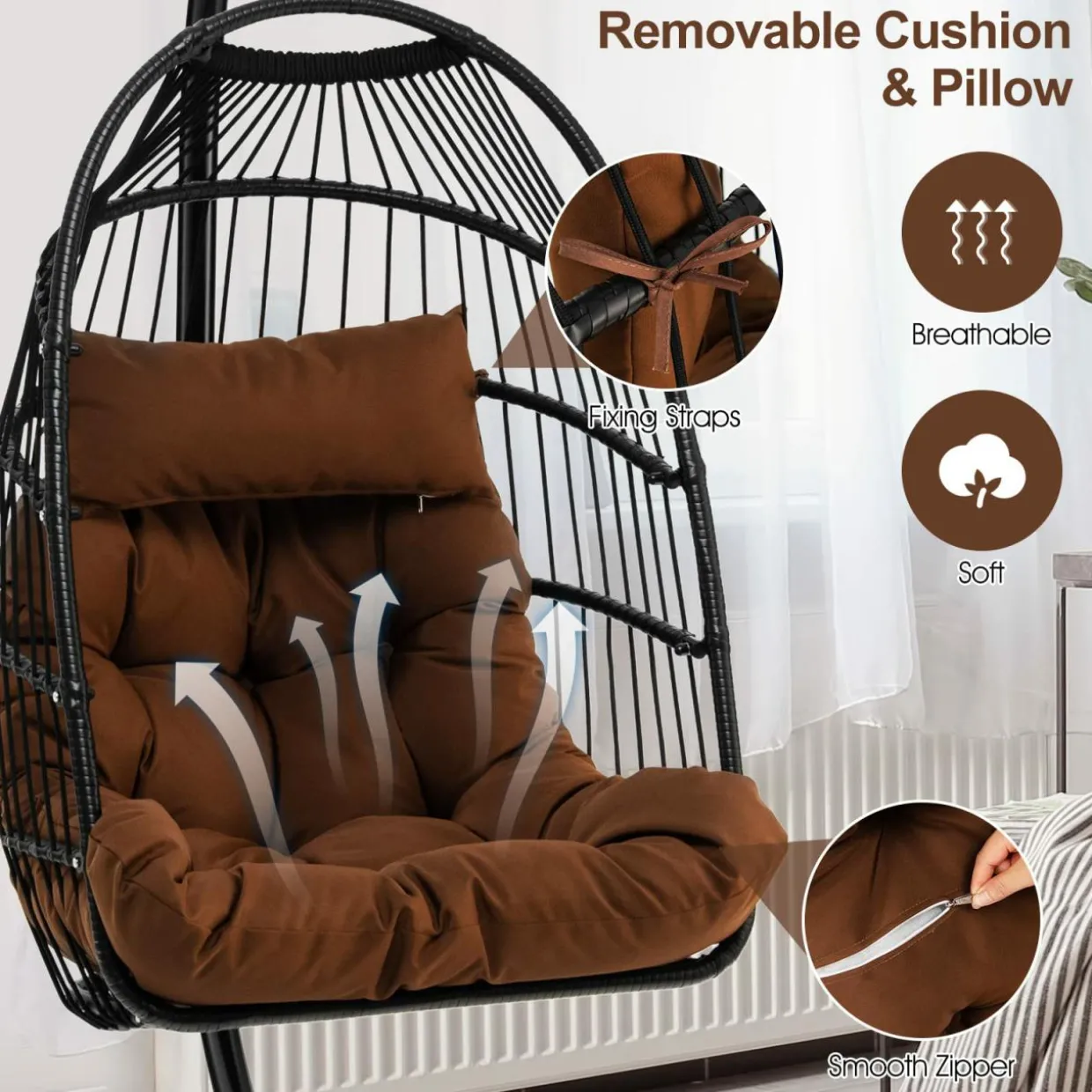 Tangkula Patio Egg Chair with Stand, Hanging Egg Swing Chair with Waterproof Cover, Removable Pillow