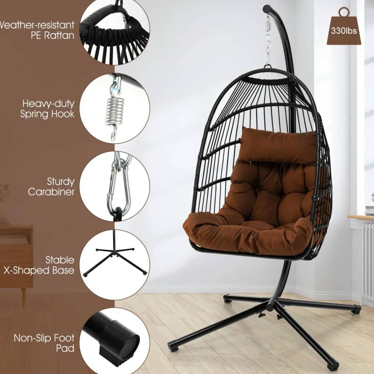 Tangkula Patio Egg Chair with Stand, Hanging Egg Swing Chair with Waterproof Cover, Removable Pillow