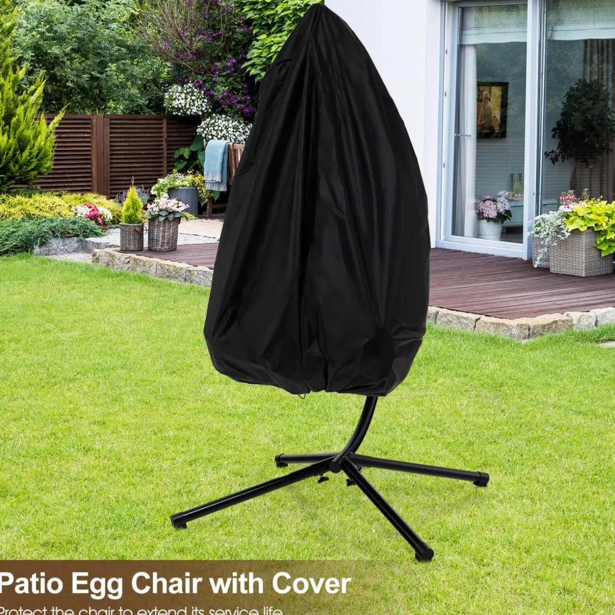Tangkula Patio Egg Chair with Stand, Hanging Egg Swing Chair with Waterproof Cover, Removable Pillow