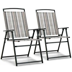 Tangkula Patio Folding Chairs Set of 2, Portable Sling Lawn Chairs with Metal Frame