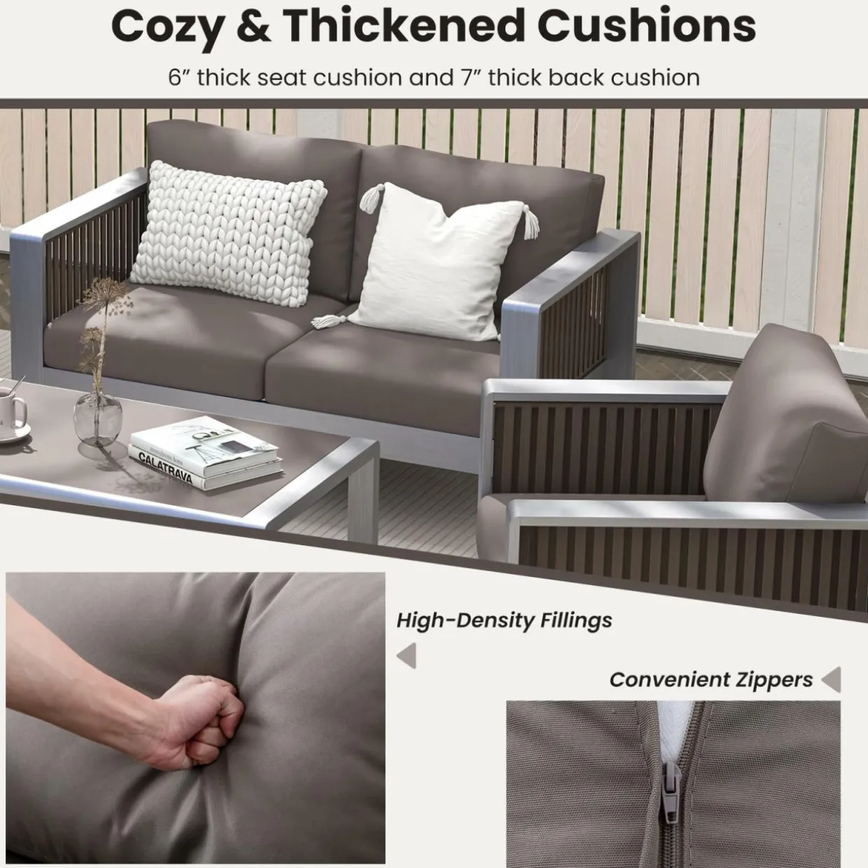 Tangkula Patio Furniture Aluminum Armchair, Outdoor Single Sofa with Thick Back & Seat Cushion