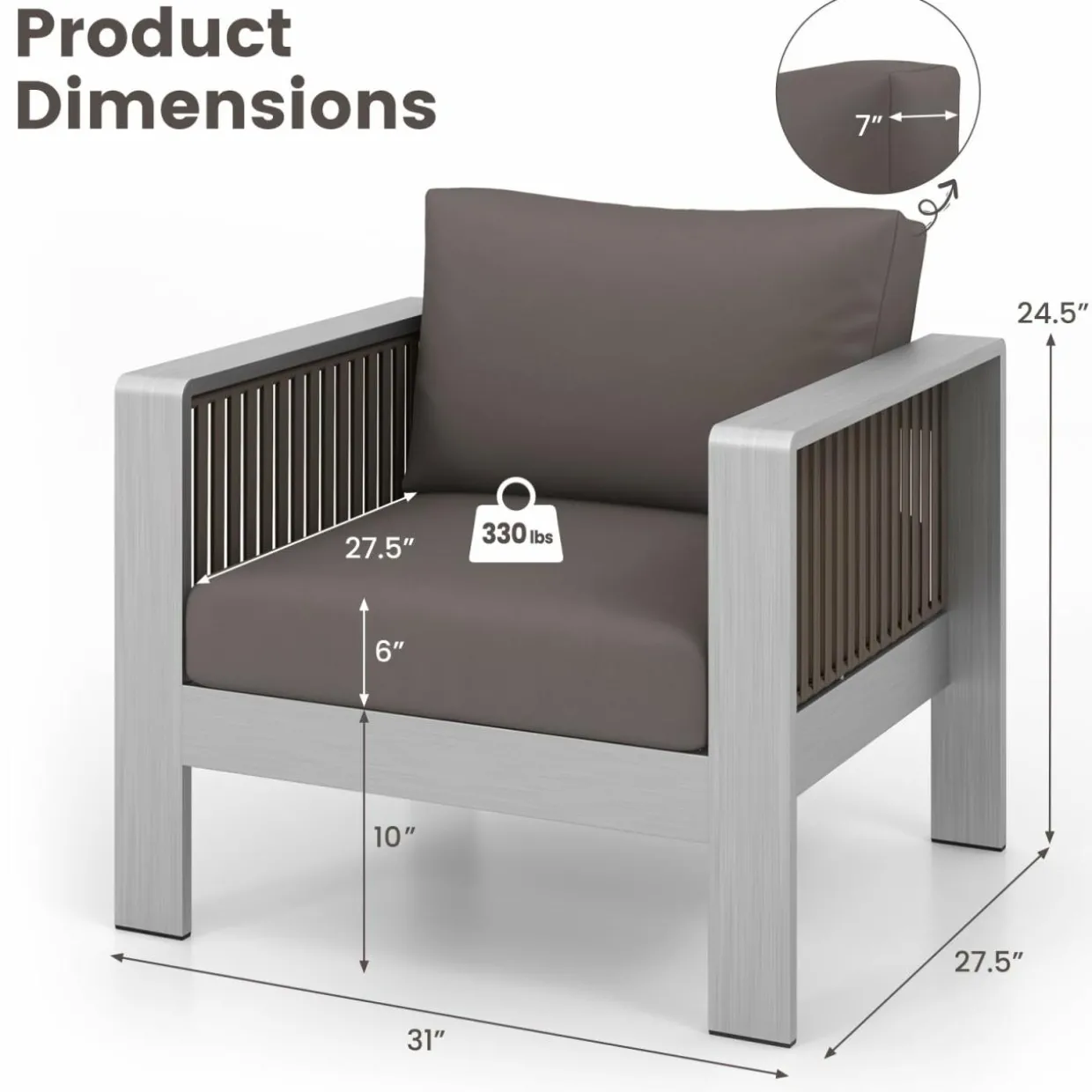 Tangkula Patio Furniture Aluminum Armchair, Outdoor Single Sofa with Thick Back & Seat Cushion