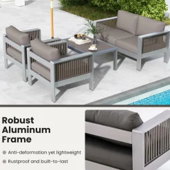 Tangkula Patio Furniture Aluminum Armchair, Outdoor Single Sofa with Thick Back & Seat Cushion