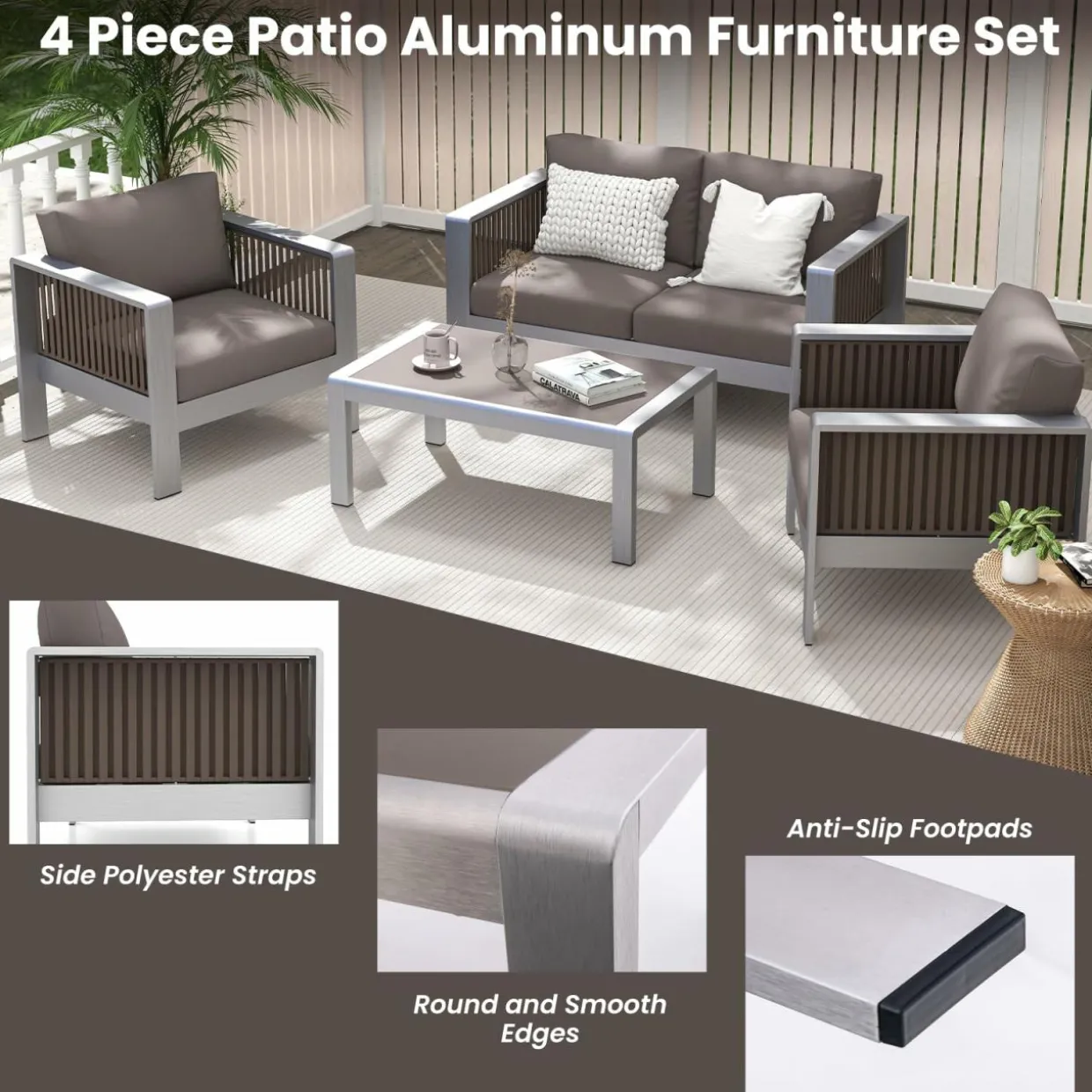 Tangkula Patio Furniture Aluminum Armchair, Outdoor Single Sofa with Thick Back & Seat Cushion
