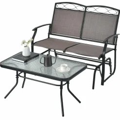 Tangkula Patio Glider Conversation Set, Outdoor Gliding Loveseat w/Tempered Glass Coffee Table