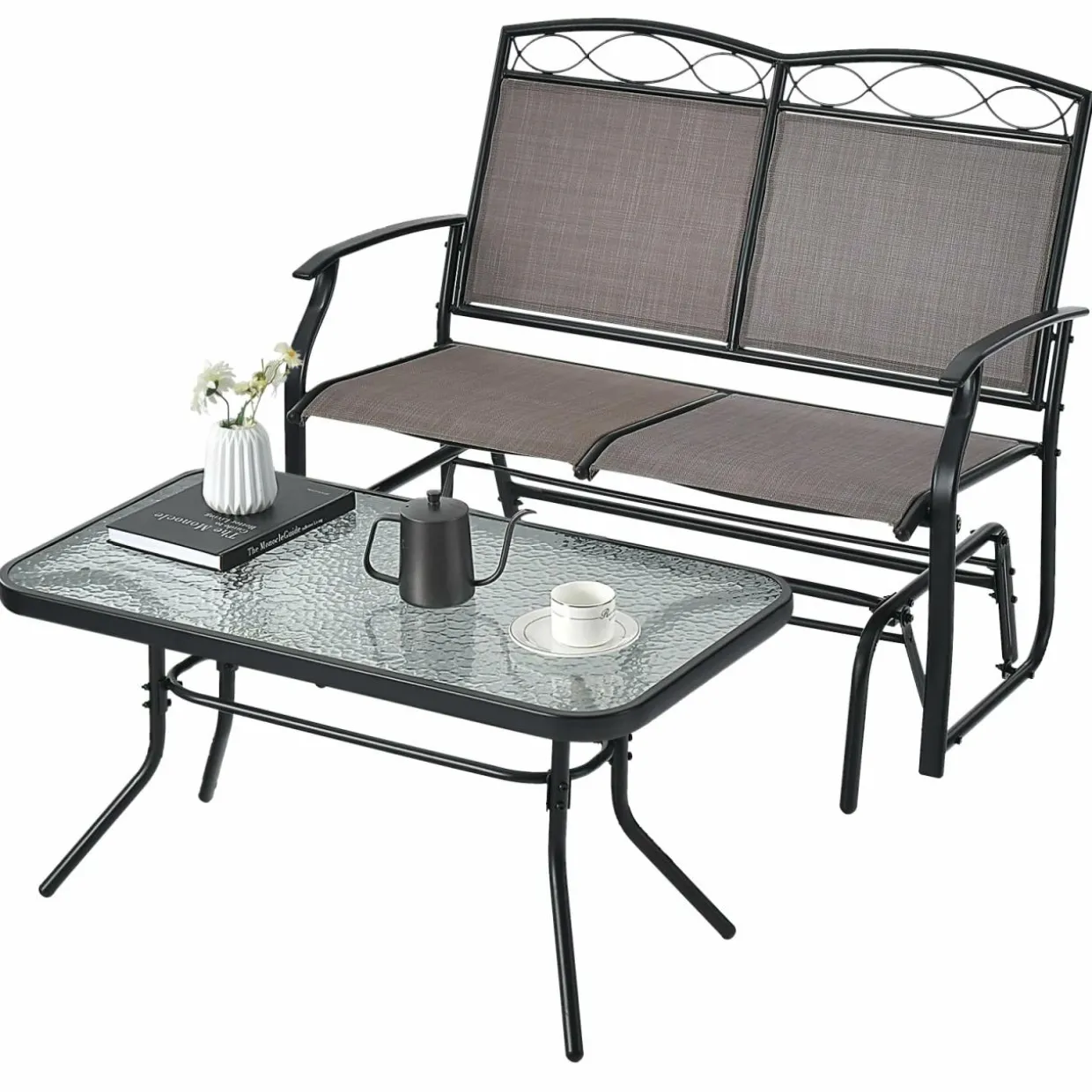 Tangkula Patio Glider Conversation Set, Outdoor Gliding Loveseat w/Tempered Glass Coffee Table