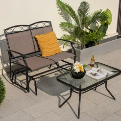 Tangkula Patio Glider Conversation Set, Outdoor Gliding Loveseat w/Tempered Glass Coffee Table