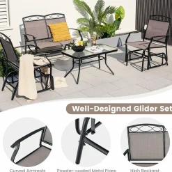 Tangkula Patio Glider Conversation Set, Outdoor Gliding Loveseat w/Tempered Glass Coffee Table