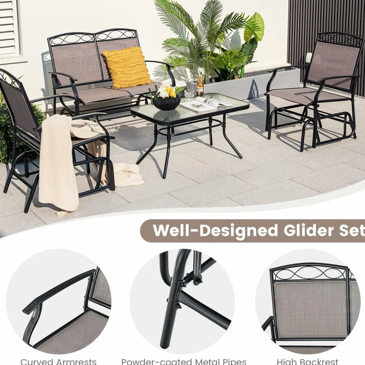 Tangkula Patio Glider Conversation Set, Outdoor Gliding Loveseat w/Tempered Glass Coffee Table