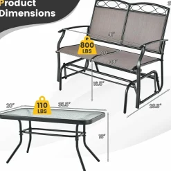 Tangkula Patio Glider Conversation Set, Outdoor Gliding Loveseat w/Tempered Glass Coffee Table