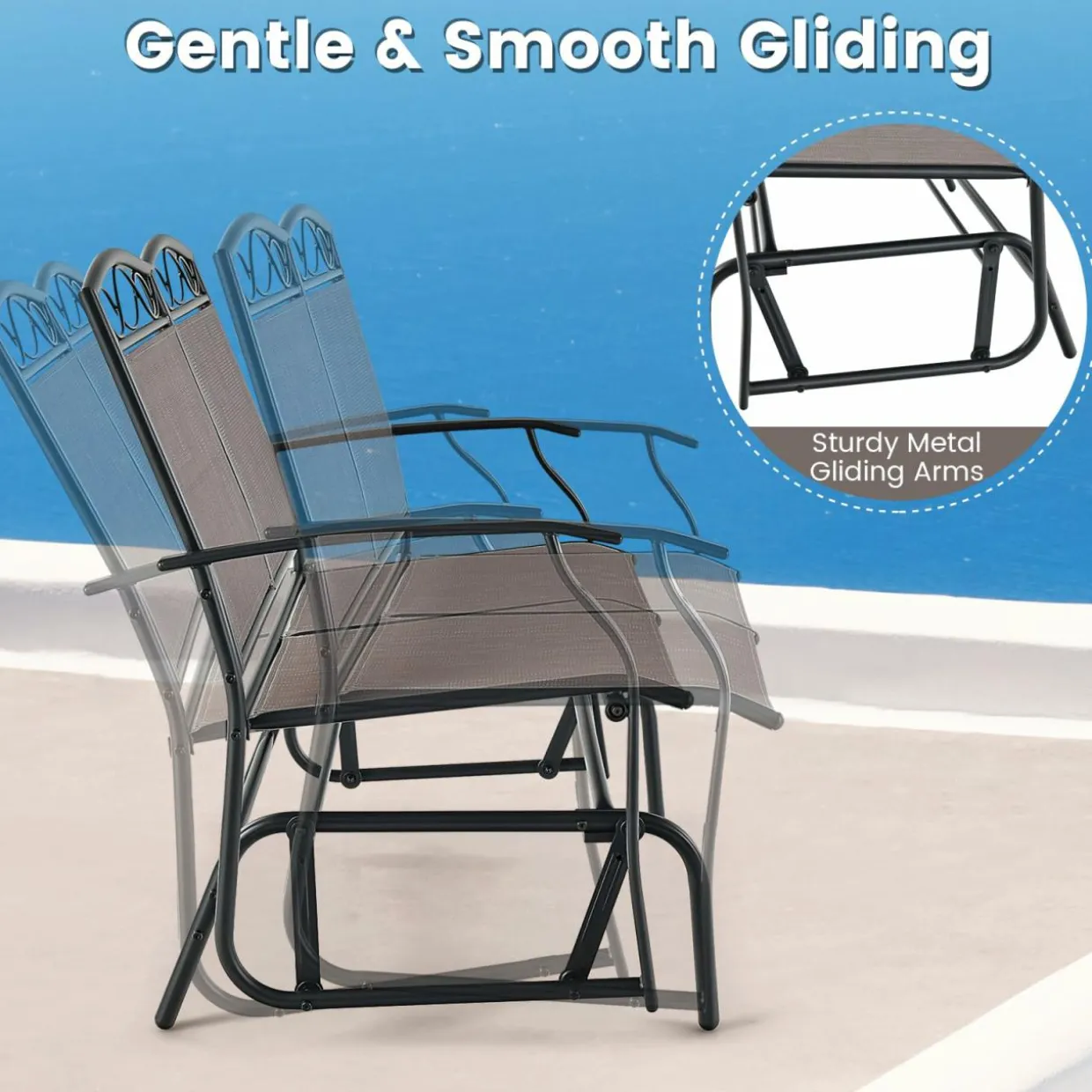 Tangkula Patio Glider Conversation Set, Outdoor Gliding Loveseat w/Tempered Glass Coffee Table