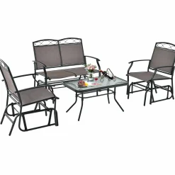 Tangkula Patio Glider Conversation Set, Outdoor Gliding Loveseat w/Tempered Glass Coffee Table