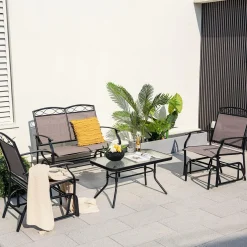 Tangkula Patio Glider Conversation Set, Outdoor Gliding Loveseat w/Tempered Glass Coffee Table