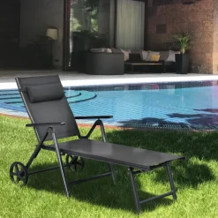 Tangkula Patio Lounge Chair w/Wheels, Outdoor Folding Chaise Lounger w/7 Adjustable Backrest Positions