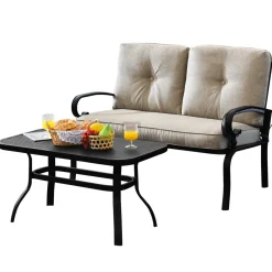 Tangkula Patio Loveseat with Table Set, 2 Seat Cushioned Sofa with Coffee Table