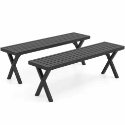 Tangkula Patio Metal Bench, Heavy-Duty 2-Person Bench w/Slatted Seat & X Legs