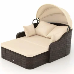 Tangkula Patio PE Rattan Daybed with Retractable Canopy, Double Lounge Bed with Soft Cushions and Extra Pillows