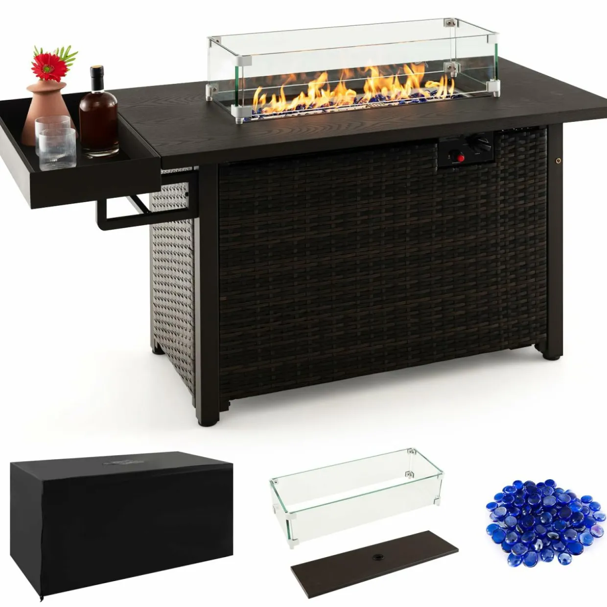 Tangkula Patio Propane Fire Pit Table, 52 Inch Wicker Gas Fire Pit with Wind Guard & Extended Shelf