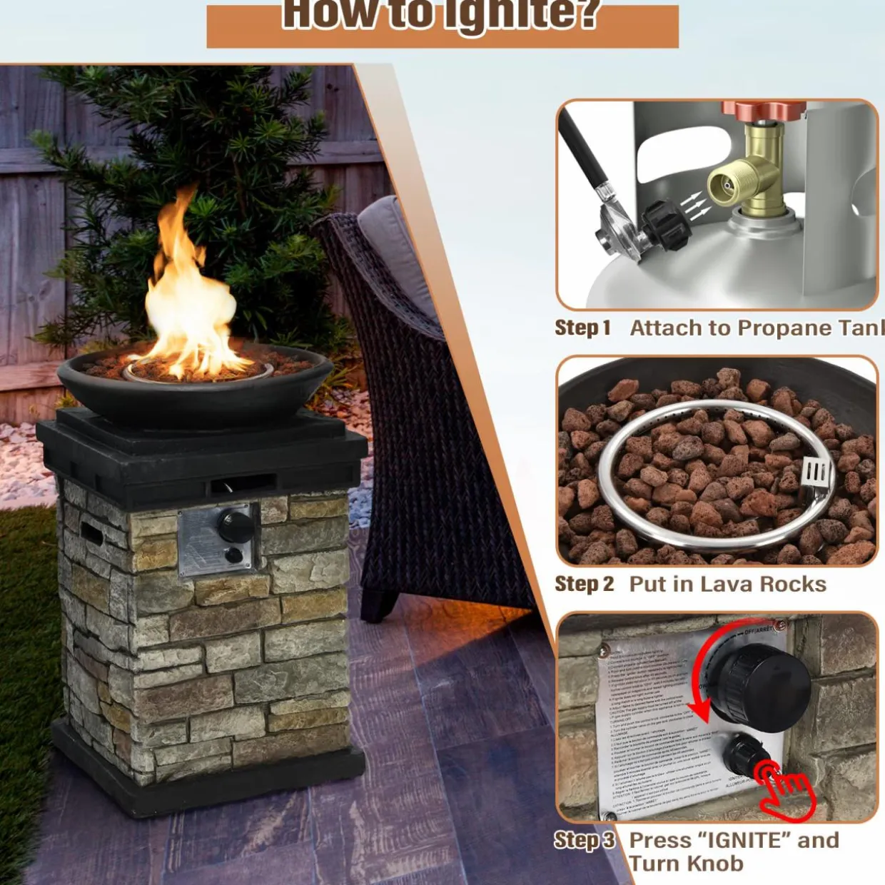 Tangkula Patio Propane Fire Bowl, Patiojoy 40,000BTU Square Fire Pit with Round Bowl, Lava Rocks & Waterproof Cover