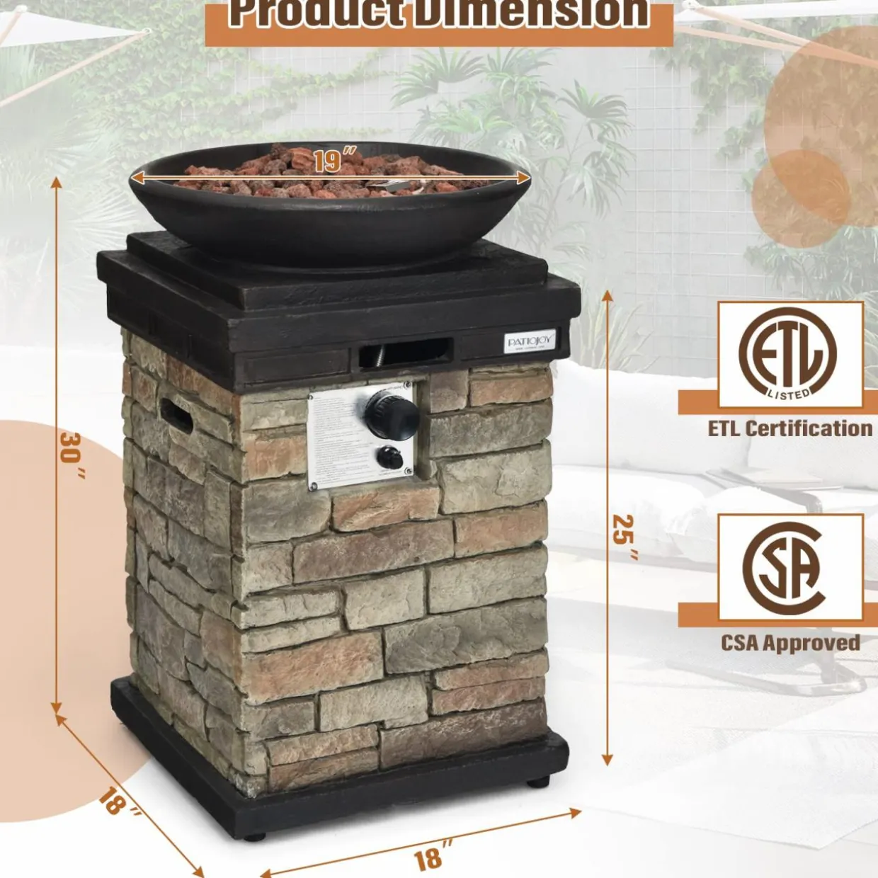 Tangkula Patio Propane Fire Bowl, Patiojoy 40,000BTU Square Fire Pit with Round Bowl, Lava Rocks & Waterproof Cover