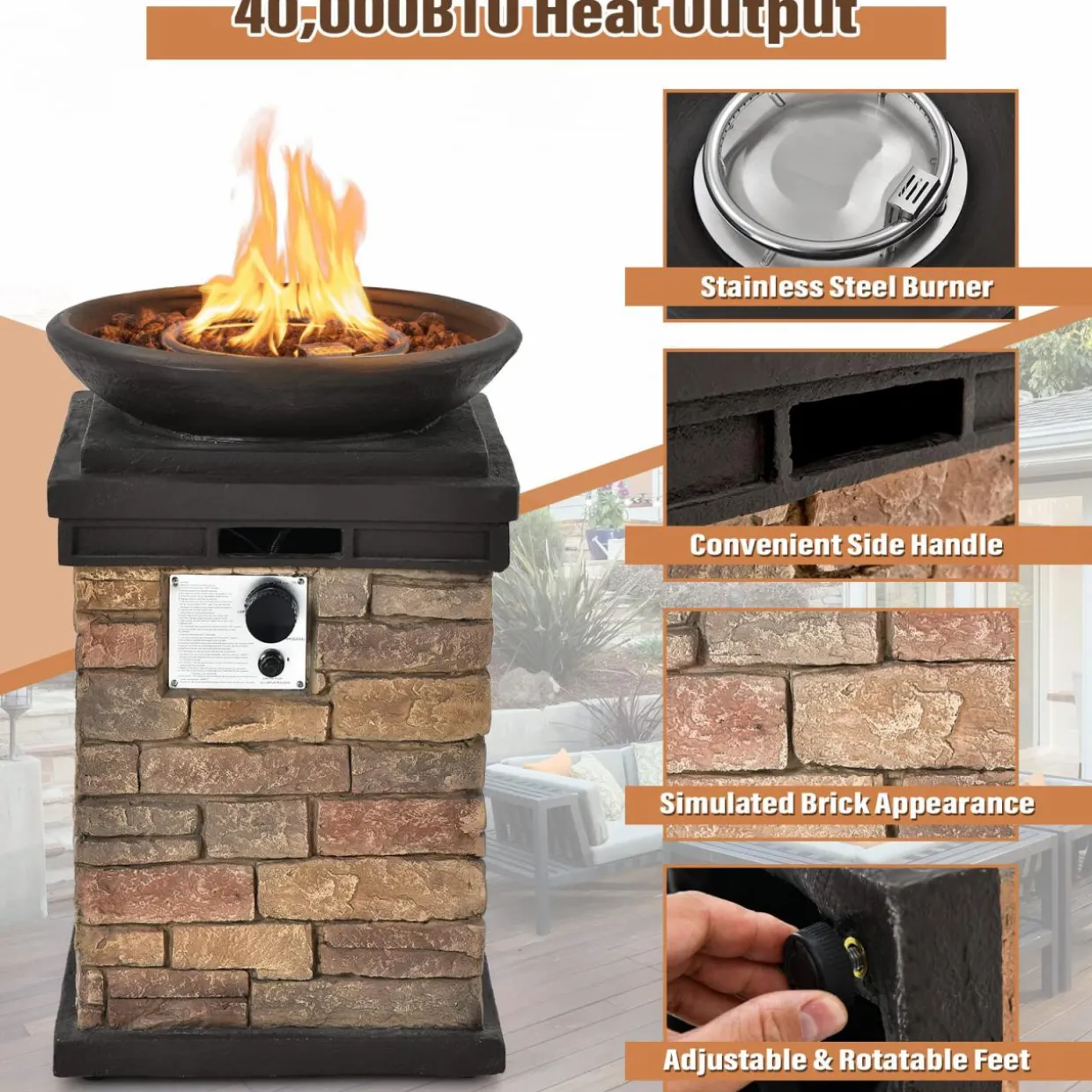 Tangkula Patio Propane Fire Bowl, Patiojoy 40,000BTU Square Fire Pit with Round Bowl, Lava Rocks & Waterproof Cover