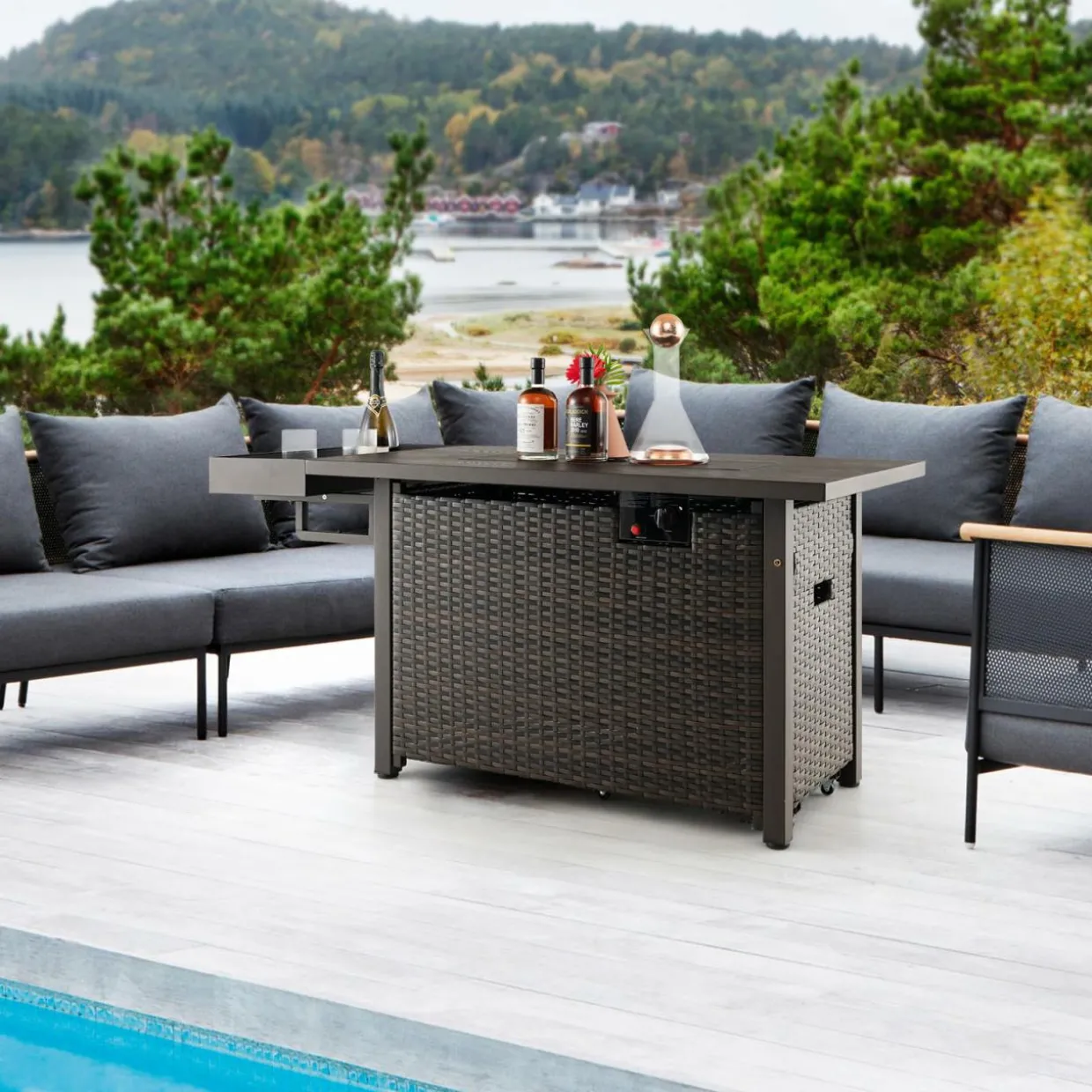 Tangkula Patio Propane Fire Pit Table, 52 Inch Wicker Gas Fire Pit with Wind Guard & Extended Shelf