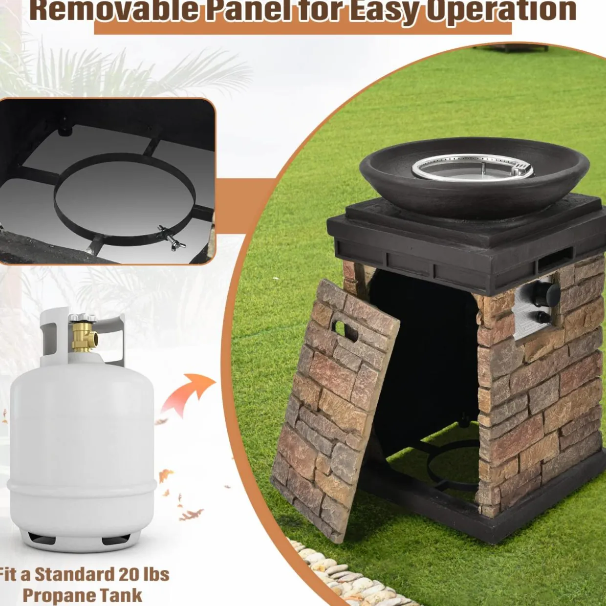 Tangkula Patio Propane Fire Bowl, Patiojoy 40,000BTU Square Fire Pit with Round Bowl, Lava Rocks & Waterproof Cover