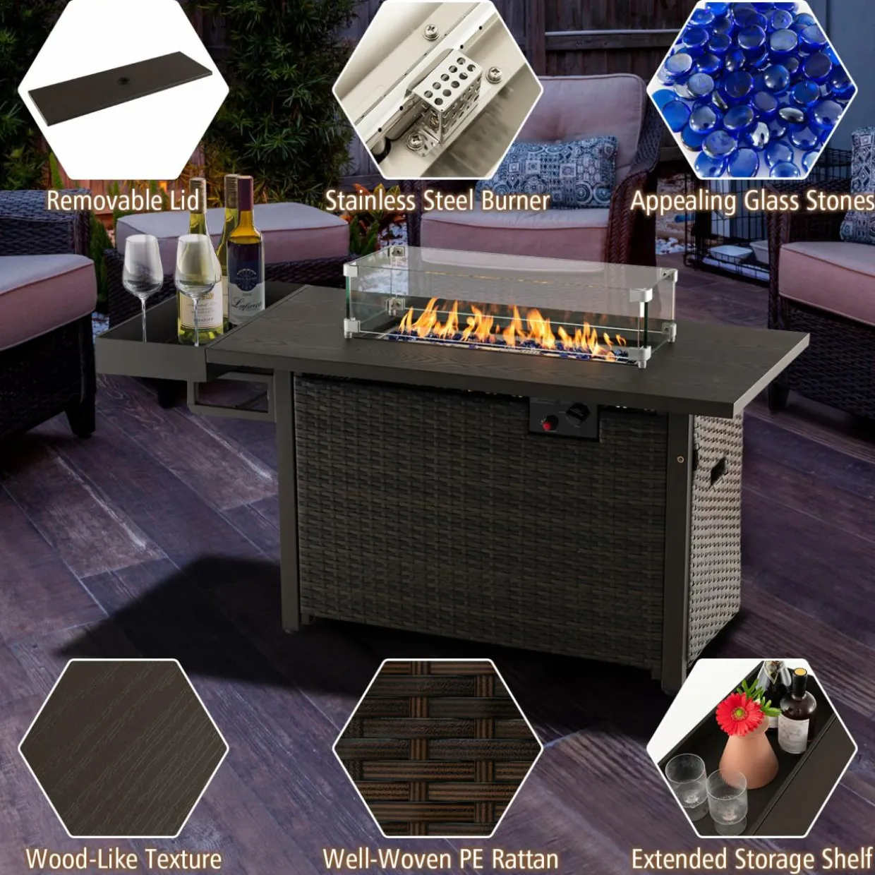 Tangkula Patio Propane Fire Pit Table, 52 Inch Wicker Gas Fire Pit with Wind Guard & Extended Shelf
