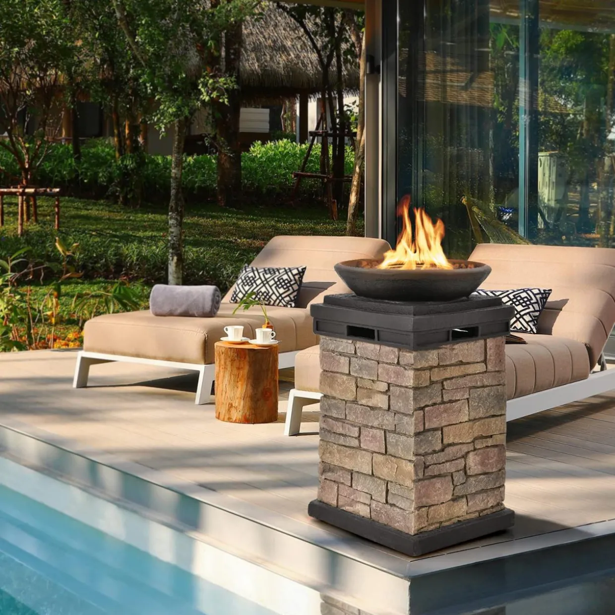 Tangkula Patio Propane Fire Bowl, Patiojoy 40,000BTU Square Fire Pit with Round Bowl, Lava Rocks & Waterproof Cover