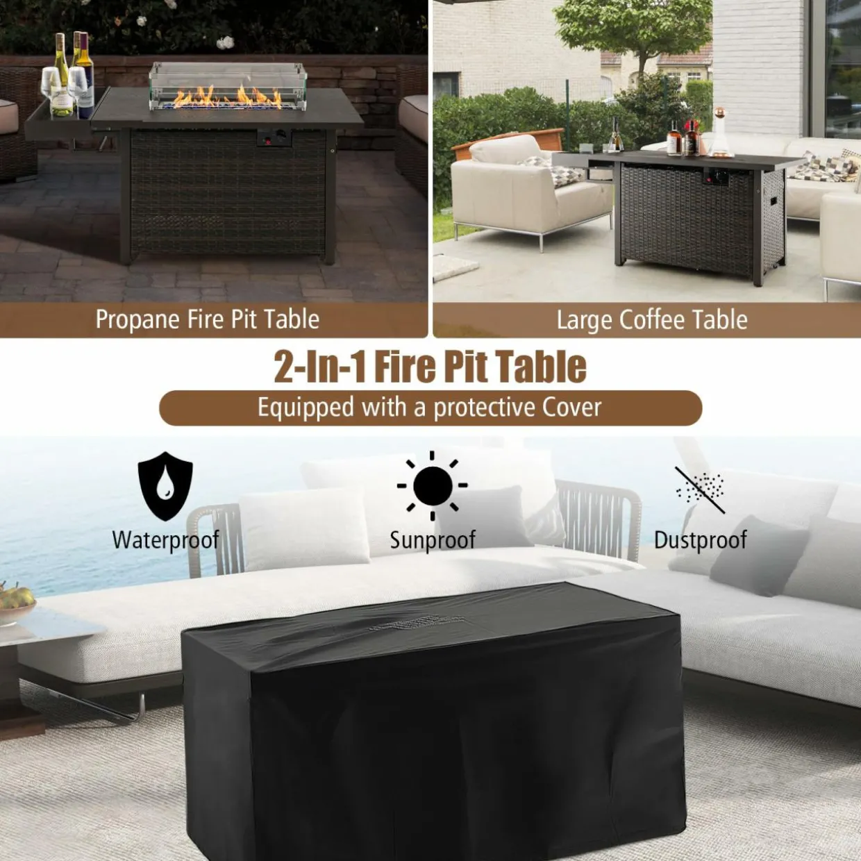 Tangkula Patio Propane Fire Pit Table, 52 Inch Wicker Gas Fire Pit with Wind Guard & Extended Shelf