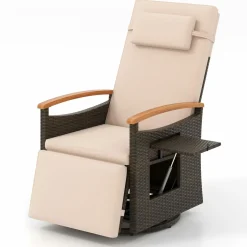 Tangkula Patio Rattan 360 Degree Swivel Recliner Chair, Wicker Lounge Chair w/Adjustable Backrest & Footrest