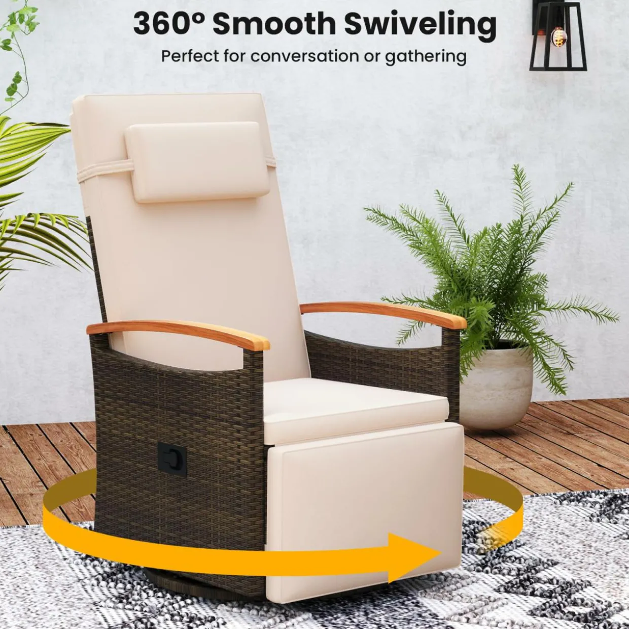 Tangkula Patio Rattan 360 Degree Swivel Recliner Chair, Wicker Lounge Chair w/Adjustable Backrest & Footrest
