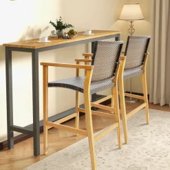 Tangkula Patio Rattan Bar Stool Set of 2, Outdoor PE Wicker Bar Chairs with Armrests