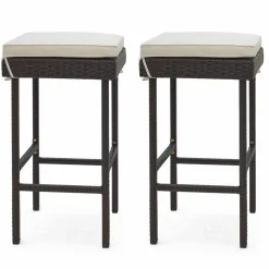 Tangkula Patio Rattan Barstools Set, Outdoor Wicker Bar Height Chairs with Footrest & Soft Cushions