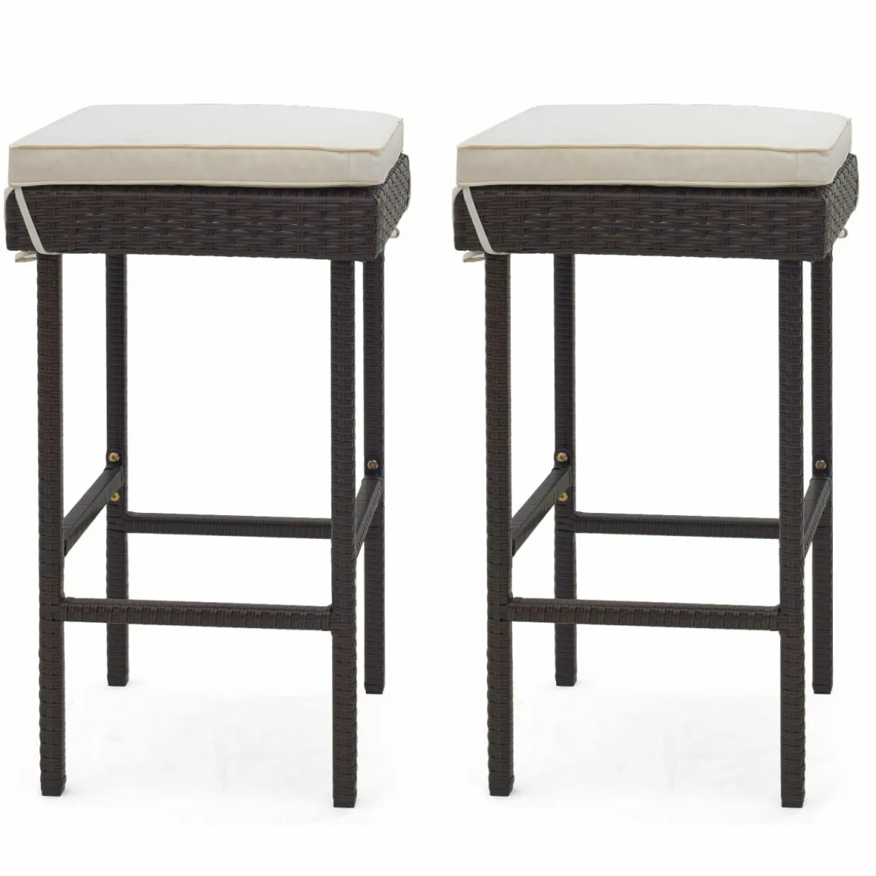 Tangkula Patio Rattan Barstools Set, Outdoor Wicker Bar Height Chairs with Footrest & Soft Cushions